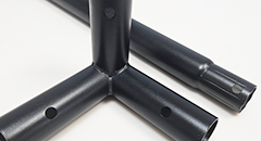 Aluminum golf simulator frame connector, black coating, punching, necking, welding process